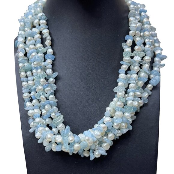 Ross-Simons Aquamarine Bead 6mm Cultured Pearl Torsade Necklace Sterling Silver - Picture 2 of 10